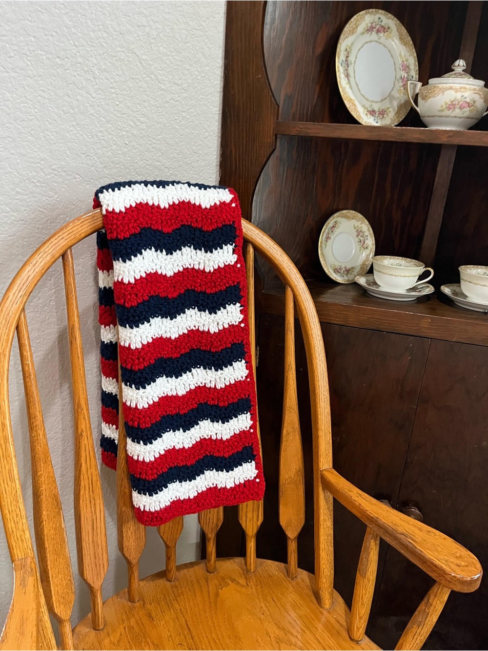 Handmade Crochet wave pattern afghan in Red, White & Navy